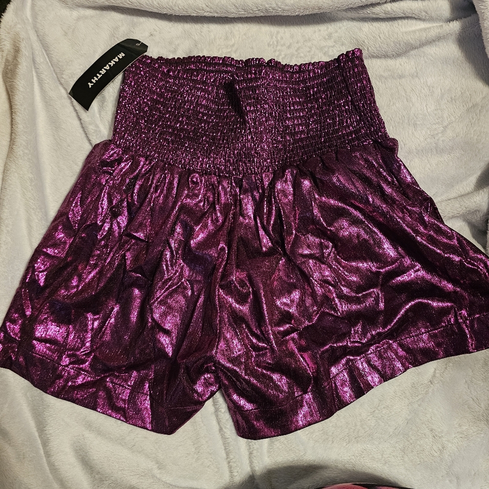 MAKARTHY High Waisted Metallic Purple Shorts Elastic Waist Shiny Sparkly Rave